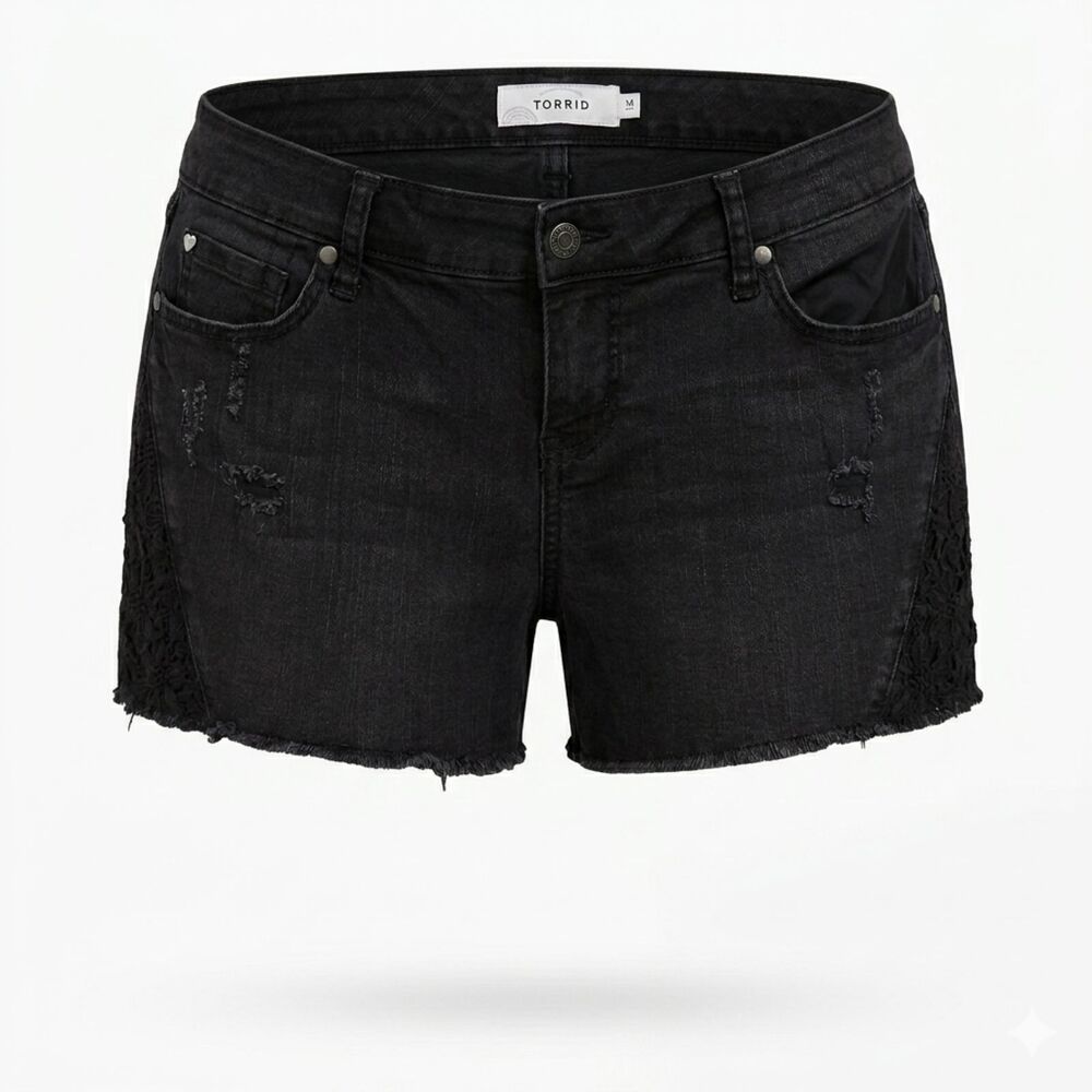 TORRID BLACK DISTRESSED STRETCH CUT OFF LACE CONCERT FESTIVAL EVERYDAY SHORTS